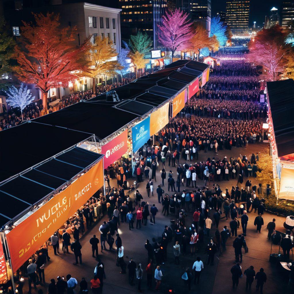 A dynamic scene depicting a well-organized outdoor event with a diverse crowd enjoying themselves, while professional security personnel oversee the area with a blend of high-tech surveillance equipment and traditional crowd management. Include vibrant banners showcasing safety tips and emergency services, set against a festive atmosphere filled with colorful lights and smiling faces. Create an inviting yet secure vibe that emphasizes safety and enjoyment. super-realistic. vibrant colors. 3D.