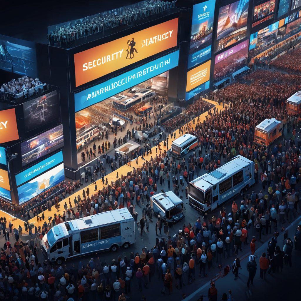 A detailed illustration of a bustling event with security personnel strategically positioned, monitoring crowds with high-tech gadgets. Surrounding the scene, a dramatic backdrop of event banners and an emergency response team indication. Include digital screens displaying safety protocols and a diverse group of attendees engaging positively. The atmosphere should balance excitement and safety awareness. super-realistic. vibrant colors. dynamic composition.