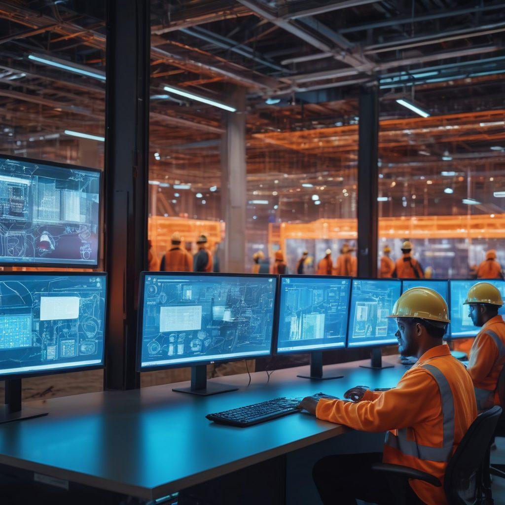 A split scene depicting a high-tech cybersecurity center with screens showing digital protection measures on one side, and a bustling construction site with workers using safety gear on the other. The cybersecurity side features glowing interfaces and a sleek design, while the construction site is vibrant with colorful hard hats and safety cones. Combine the two worlds to represent safety in both digital and physical realms. super-realistic. vibrant colors. 3D.